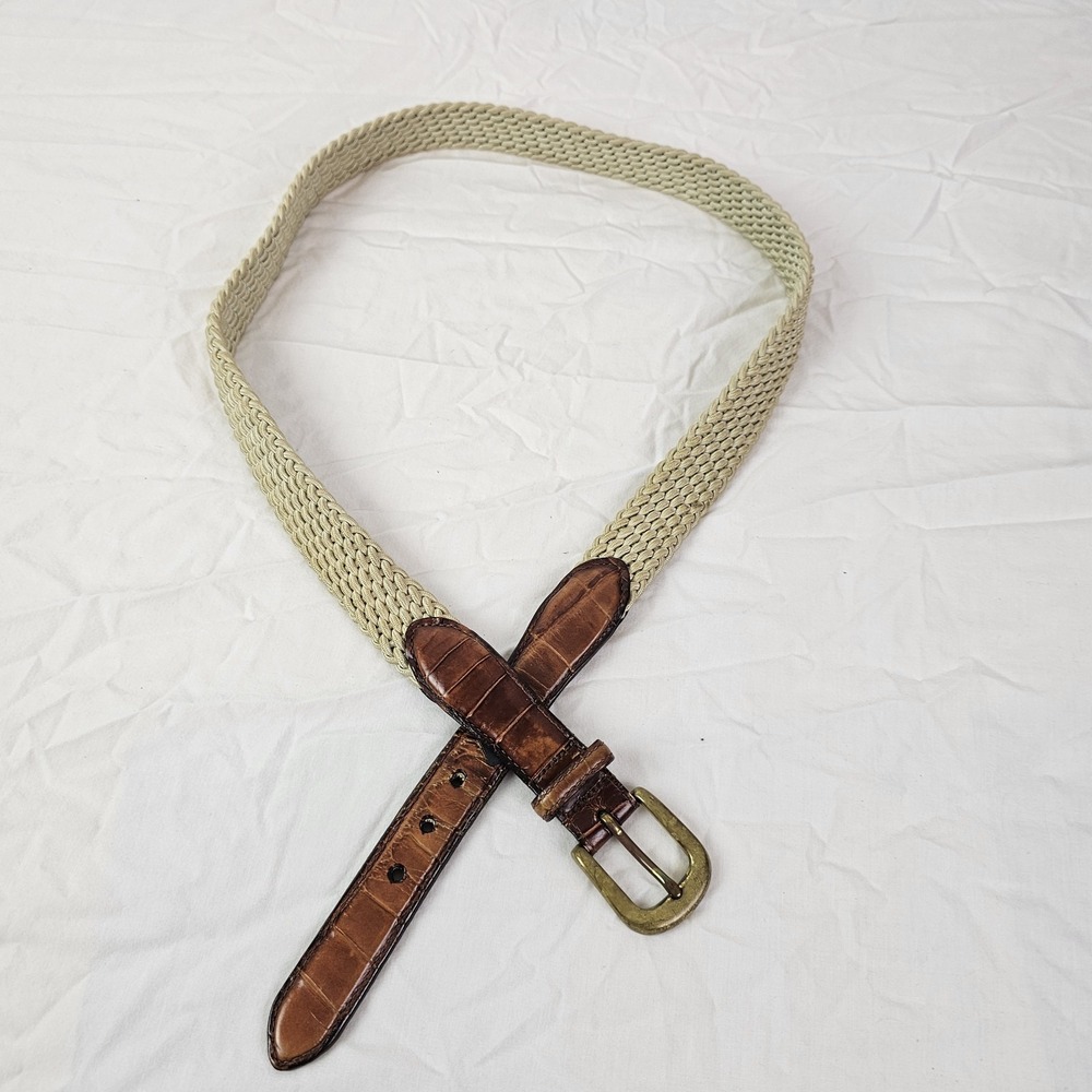 Brighton 33502 Belt Size 40 Woven Stretch Brown Leather Croc Trim Brass Buckle